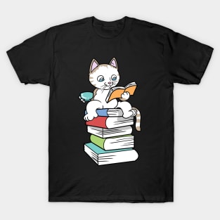 Kawaii Book Cat Tea Coffee T-Shirt